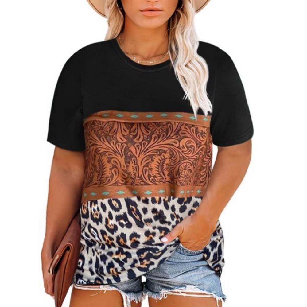 Shein western top leather and cheetah print look cowgirl country size XL RODEO‌